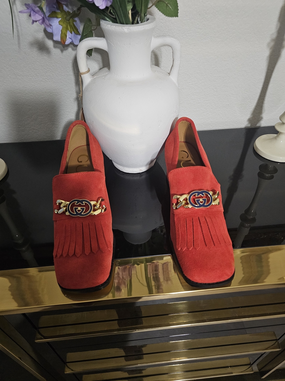 Gucci Red Suede Fringe Shoes with Gold Tone Hardware